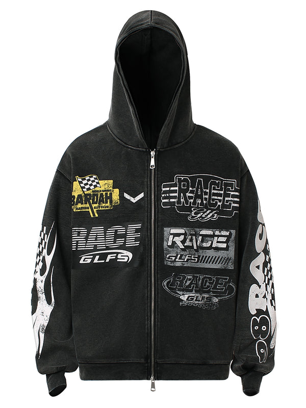 Vintage Oversized Zip-Up Hoodies Distressed Racing Cotton Sweatshirt