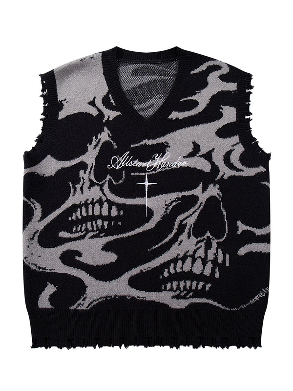 Skull Pattern Knitted Sweater Vest – Streetwear Sleeveless Pullover