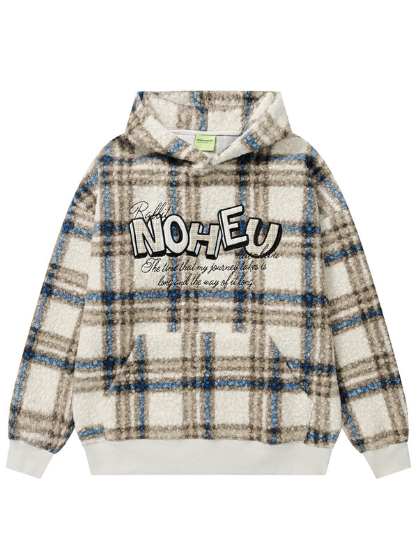 Plaid Sherpa Fleece Hoodies Streetwear Checkered Pullover Sweatshirts