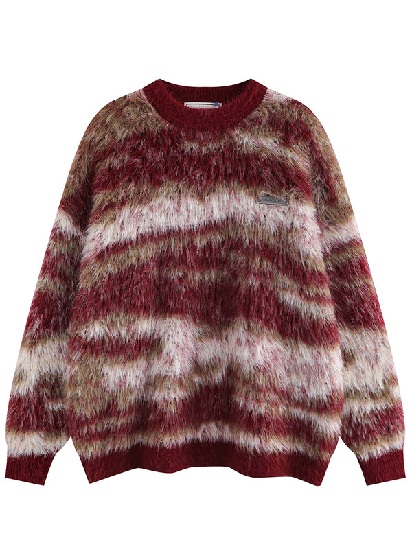 Abstract Striped Unisex Faux Mink Fur Knitted Pullover Sweaters