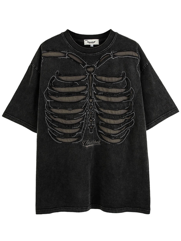 Y2K Skeleton Patch Design Embroidery Streetwear Washed Tshirts