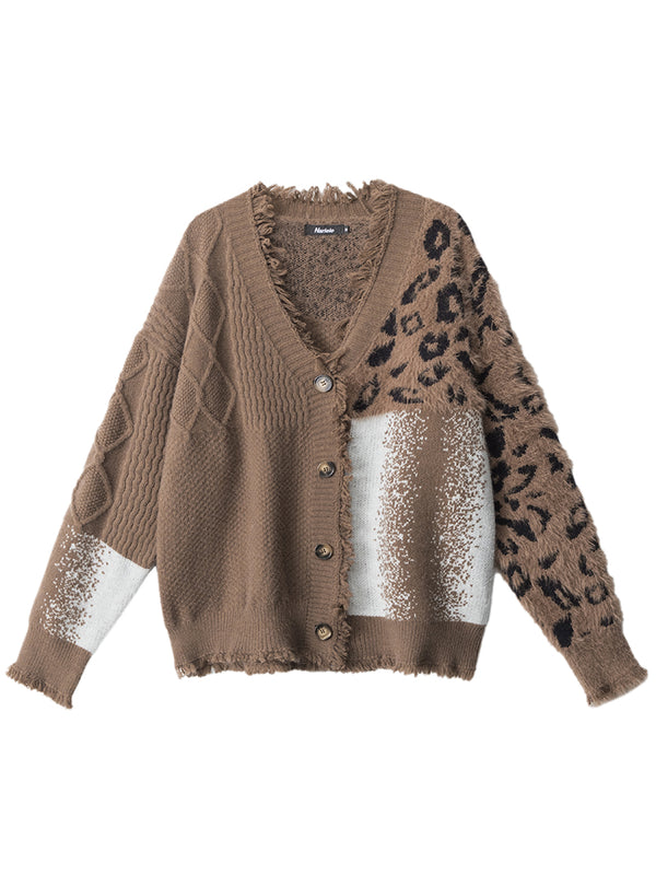 Streetwear Leopard Patchwork Knitted Cardigan Outerwear Jackets