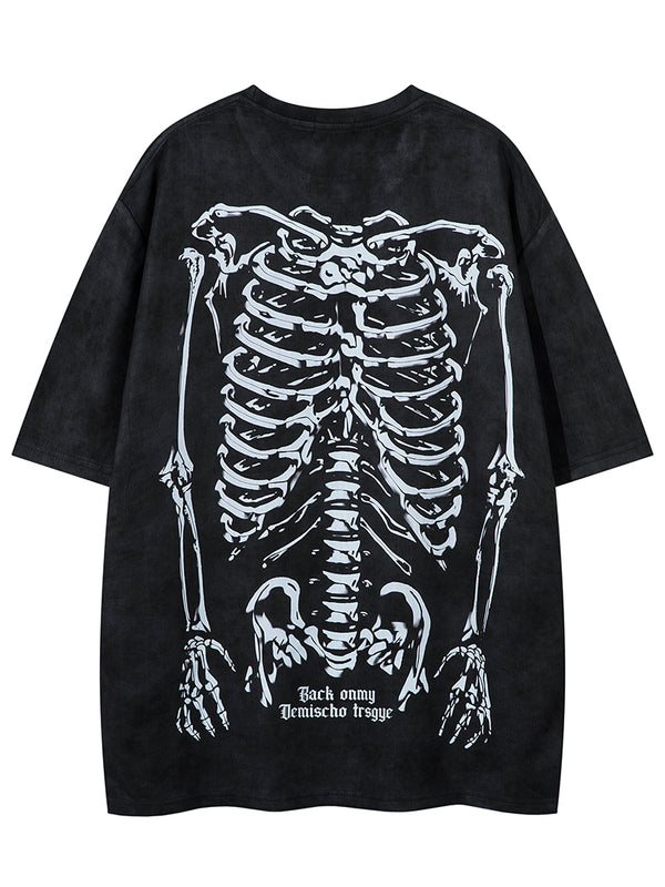 Skeleton Print Graphic T-Shirt – Suede Feel Streetwear Tees Punk Rock