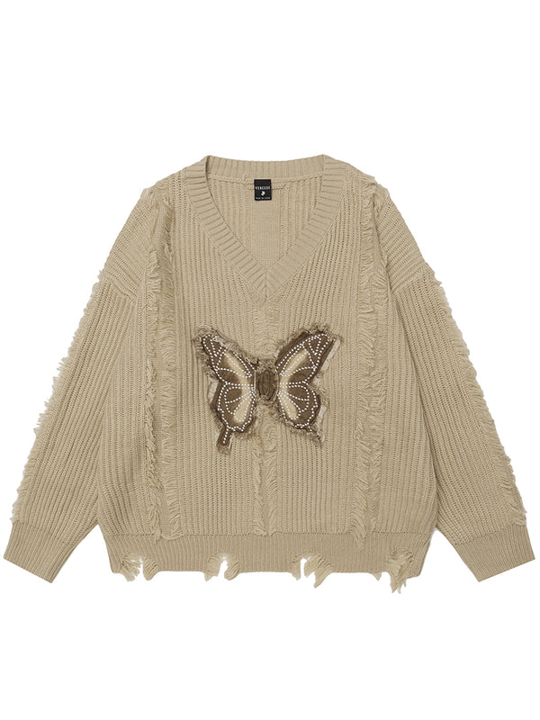 Distressed Butterfly Patch Oversized Knitted Pullover Sweaters