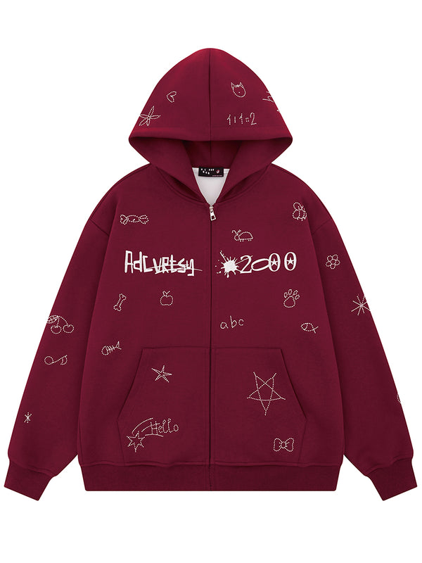Embroidered Zip-Up Hoodies Streetwear Artistic Doodle Stitching Jacket