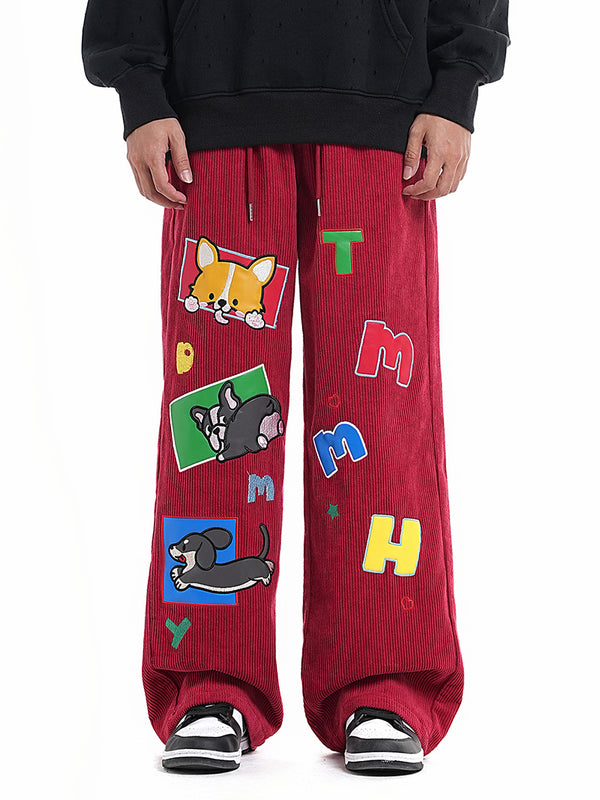 Embroidered Cartoon Dog Corduroy Pants Drawstring Trousers