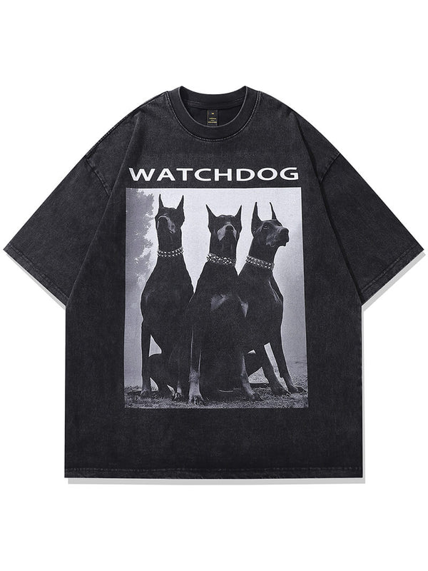 Doberman Dog Graphic Print Oversize Washed Vintage Tshirts Streetwear