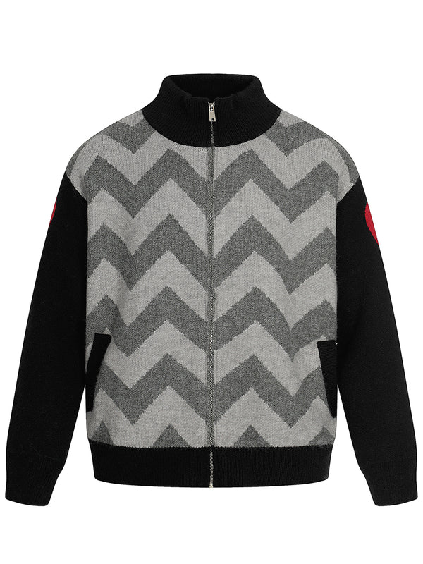 Chevron Zip-Up Jacket – Color Block Knit Cardigan with Streetwear Style