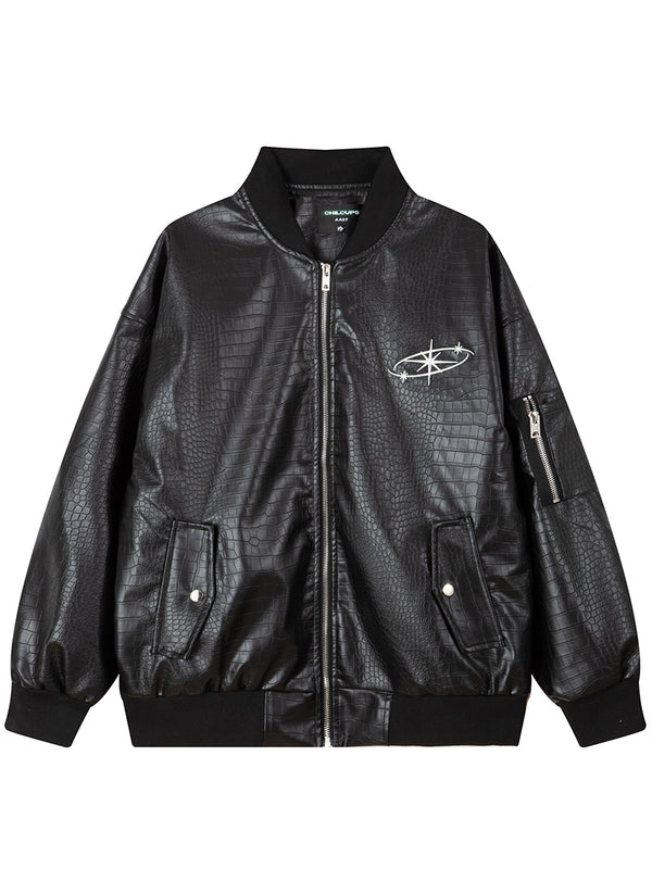 Faux Leather Crocodile Embossed Embroidery Bomber Jackets