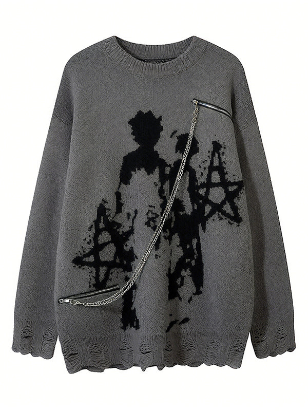Oversized Streetwear Sweater with Abstract Graphic and Chain Detail