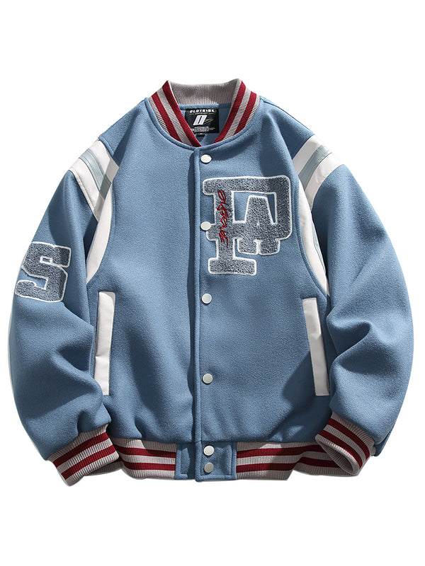 PU Leather Striped Patchwork Embroidery Varsity Jackets