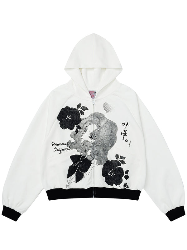 Vintage Manga Graphic Hoodie – Color Block Patchwork Zip-Up Sweatshirt