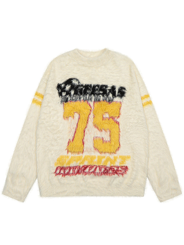 Streetwear Fluffy Vintage Graphic Sports Knitted Pullover Sweaters