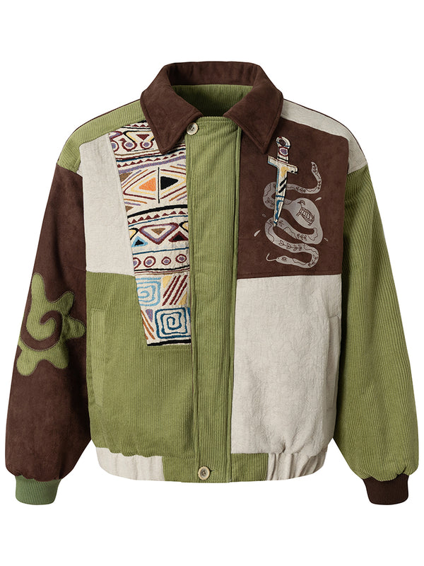Vintage Patchwork Corduroy Jacket – Jacquard Color Block Cotton Padded Coat