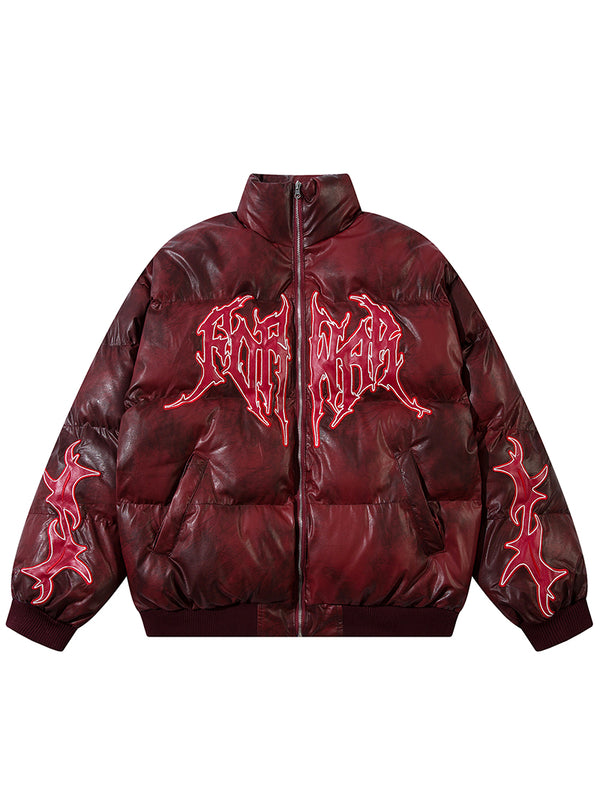 Streetwear Embroidery Graphic PU Leather Puffer Jacket Coats