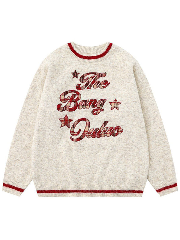 Retro Plaid Patch Knitted Pullover Sweaters Casual Oversized Warm Jumper