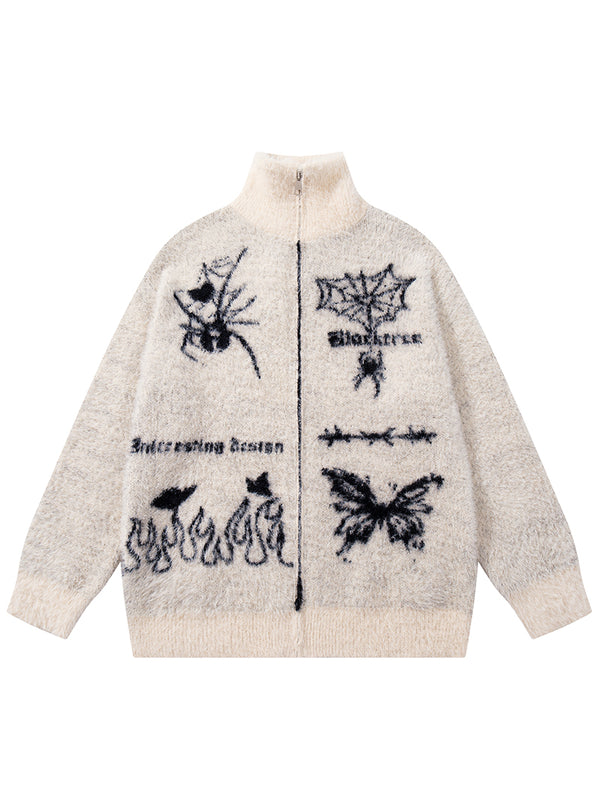 Streetwear Graphic Jacquard Zip-Up Sweaters Punk Gothic Jackets