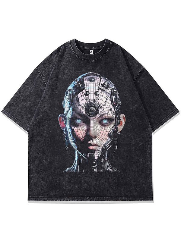 Robot Graphic Print Punk Gothic Washed Tshirts