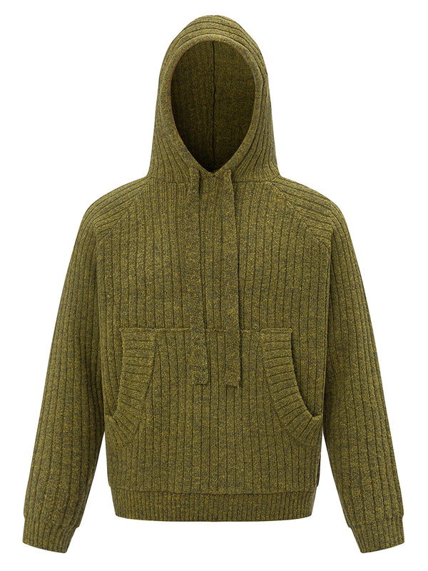 Kangaroo Pocket Wool Blend Ribbed Knitted Pullover Hoodies