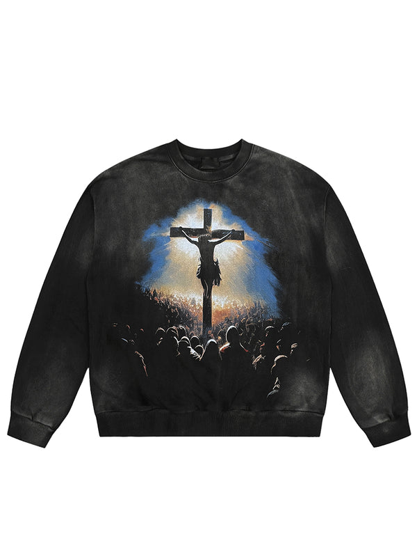 Streetwear Vintage Jesus Graphic Print Oversized Sweatshirt Pullover