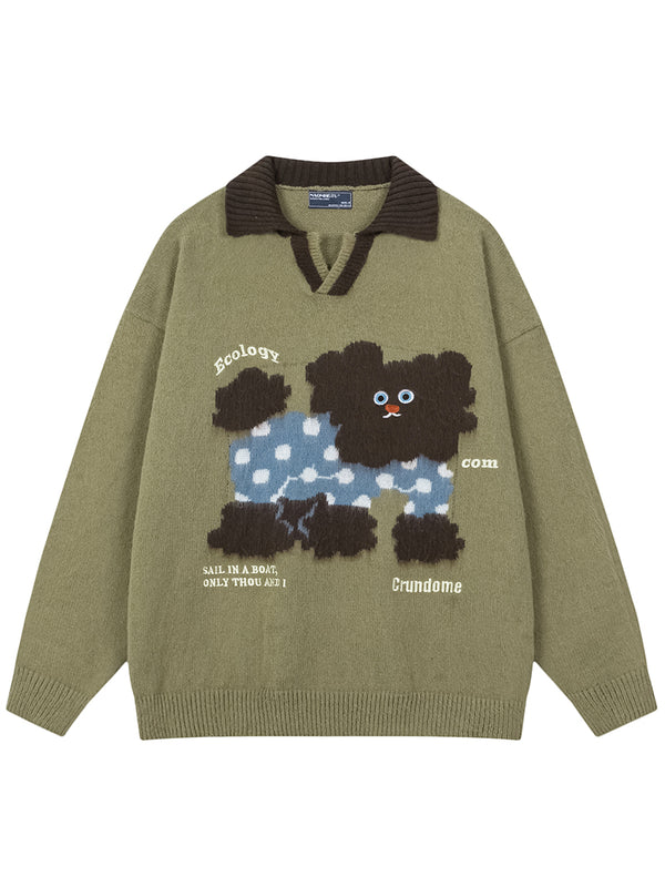 Oversized Cartoon Dog Sweater Cozy Contrast Collar Fleece Pullovers