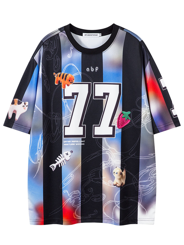 Streetwear Playful Cartoon Animal Graphic Jersey Striped T-Shirts