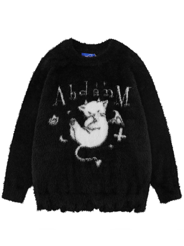 Cozy Fluffy Devil Cat Graphic Knitted Pullover Sweaters