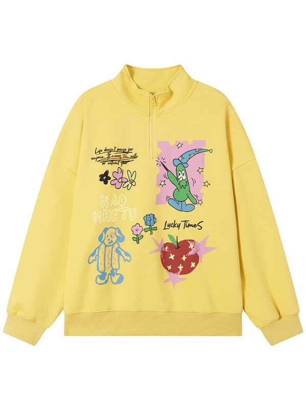 Half-Zip Cartoon Graphic Fleece Sweatshirt, Oversized Pullover Tops