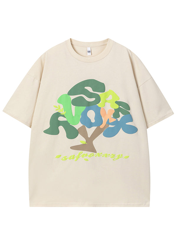 Unisex Oversized Graphic T-Shirt - Retro Tree Letter Print Tee