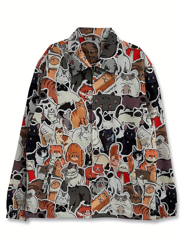 Cartoon Cat Graphic Windbreaker Jackets Casual Outerwear