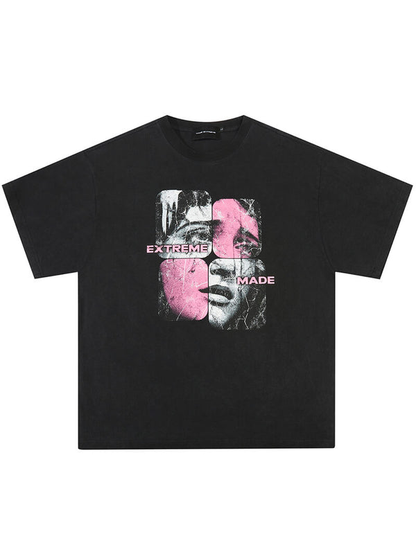 Puzzle Face Graphic Printed Streetwear Washed T-shirts