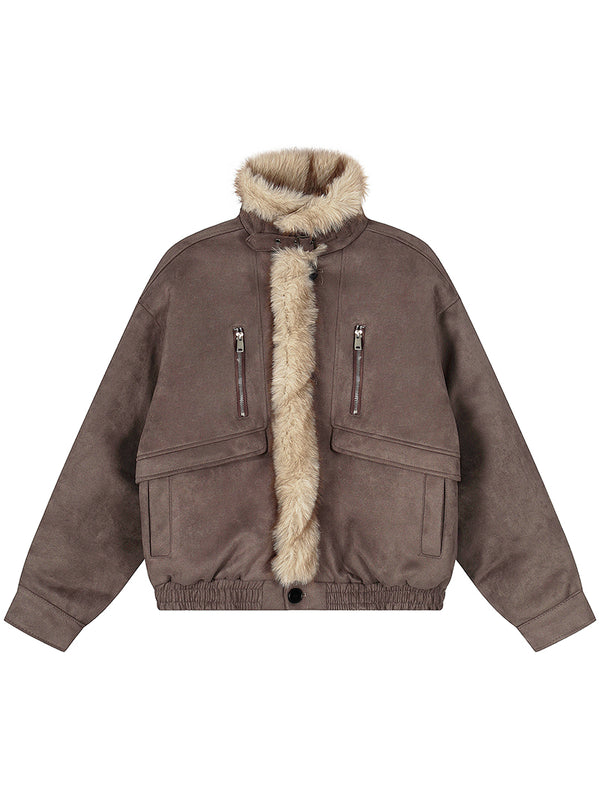 Quilted Warm Lined Bomber Coat with Fur Collar Jackets Faux Shearling Trim