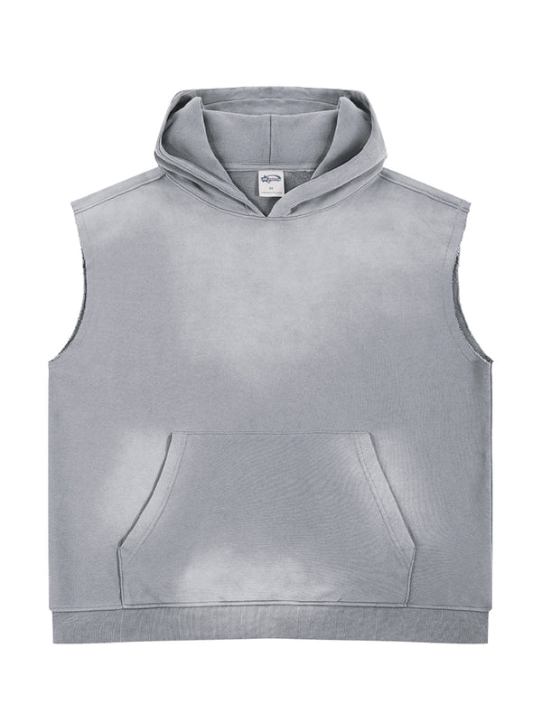 Sleeveless Washed Hoodie – Vintage Spray-Dye Frayed Edge Pullover