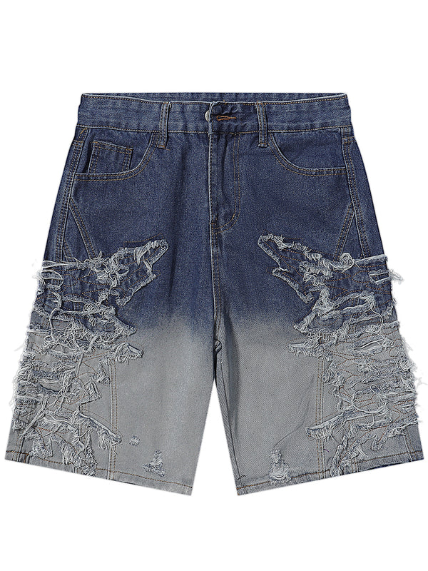 Men's Distressed Patch Embroidery Gradient Denim Shorts Jeans