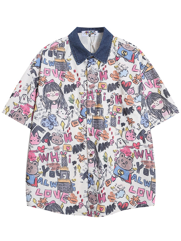 Denim Collar Graffiti Graphic Printed Oversized Button Down Shirts