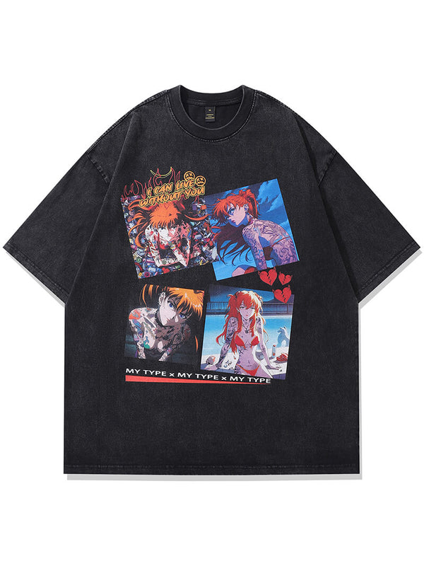 Anime Cartoon Tattoo Girl Graphic Tshirts Streewear Oversized Washed