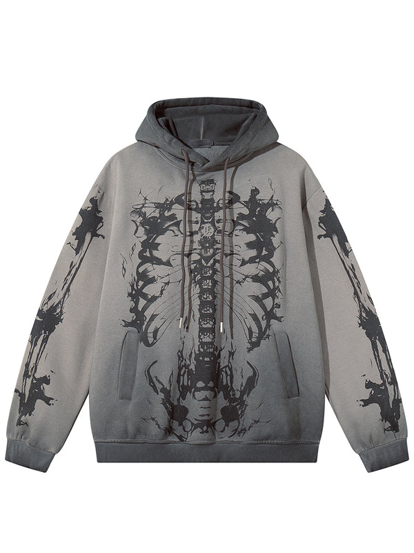 Fleece Skeleton Printed Hoodies – Oversized Gothic Streetwear Pullover