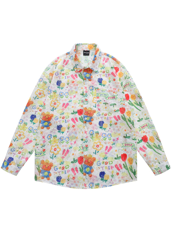 Artistic Print Fringe Shirt Jacquard Fabric Long Sleeve Relaxed Fit