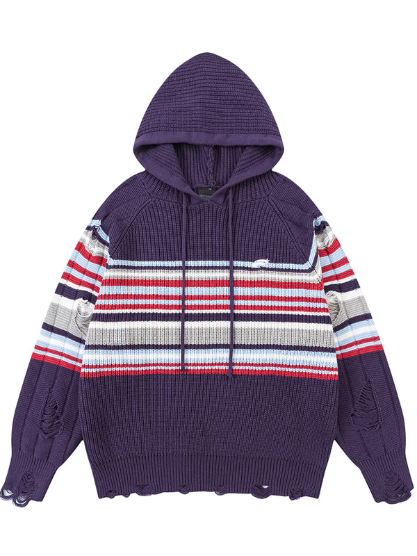 Streetwear Ripped Hole Striped Knitted Pullover Hoodies Knitwear