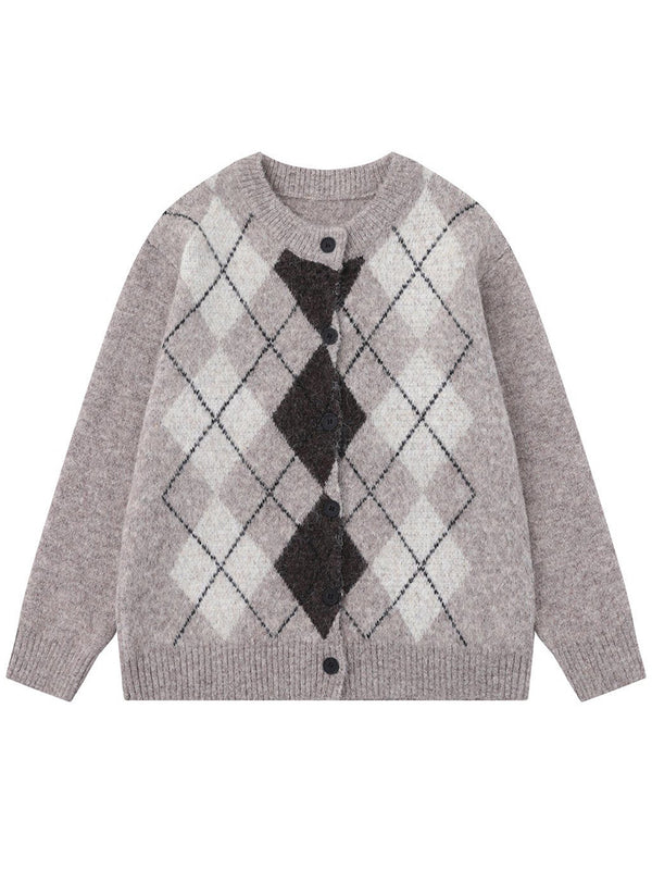 Argyle Knitted Cardigan Sweaters – Retro Plaid Pullover Casual Vintage
