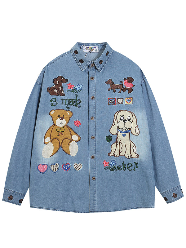 Cartoon Cute Animals Embroidery Oversized Cotton Denim Shirts