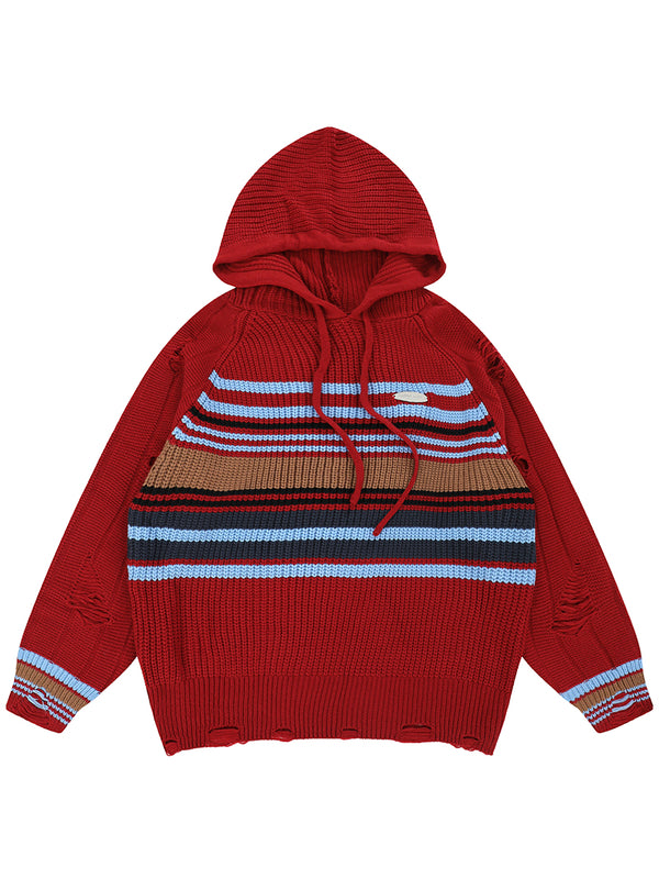 Vintage Striped Hole Hooded Knitted Sweaters Hoodies