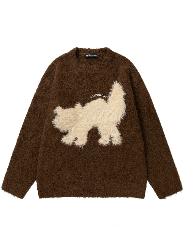 Fuzzy Cat Graphic Sweater – Cozy Wool Blend Pullover Winter Knitwear