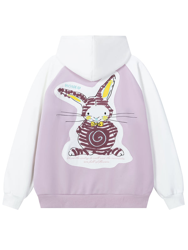 Cute Bunny Embroidery Patch Hoodies – Color Block Zip-Up Jackets