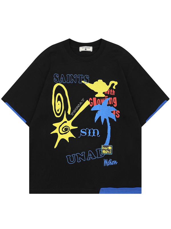Summer Color Block Graphic Oversized Streetwear Casual Cotton T-Shirts