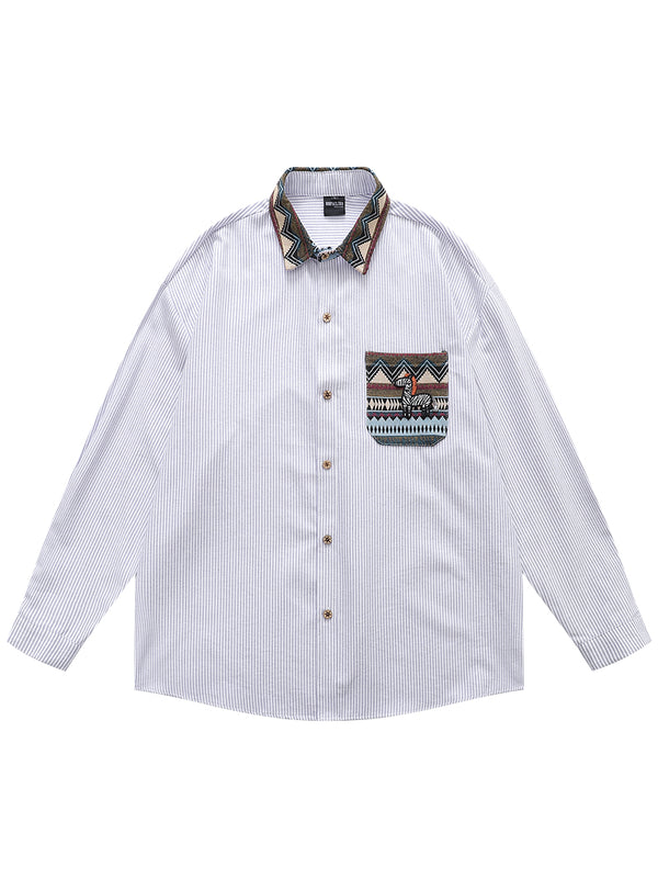 Embroidered Zebra Patch Pockets Contrast Collar Stroped Shirts
