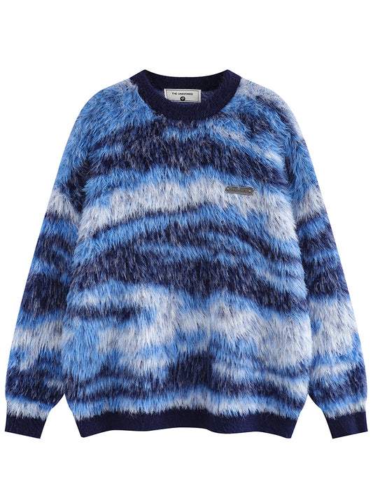 Abstract Striped Unisex Faux Mink Fur Knitted Pullover Sweaters