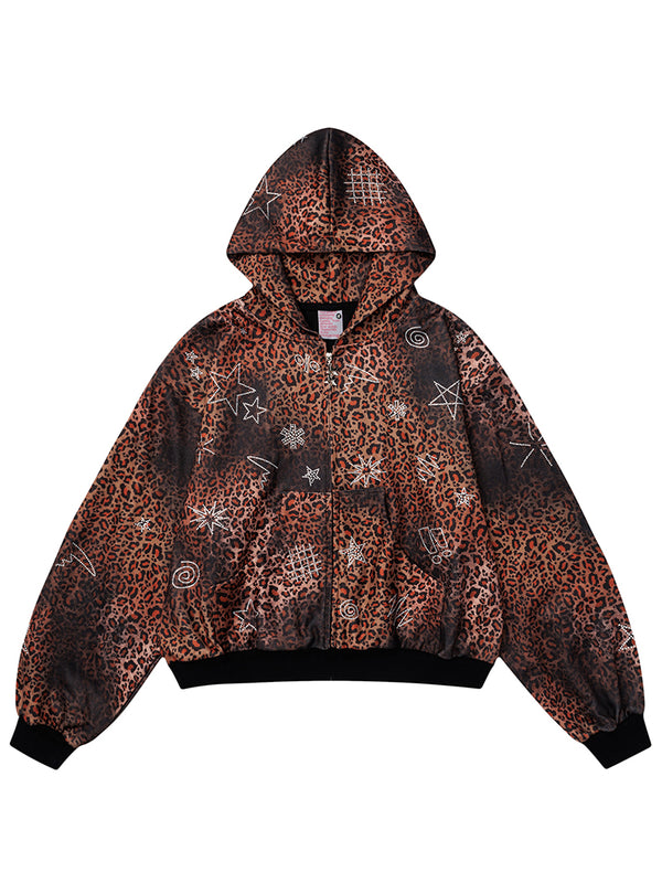 Leopard Rhinestone Zip-Up Hoodie Oversized Streetwear Jacket Outerwear
