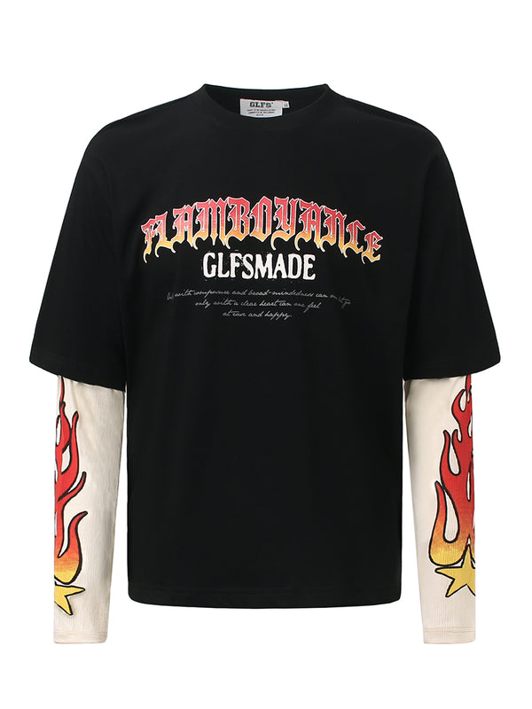 Streetwear Flame Graphic Sleeve T-Shirts Vintage Graphic Layered Look