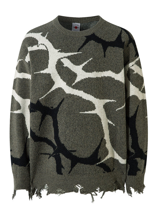 Abstract Thorn Pattern Distressed Knitted Pullover Sweaters